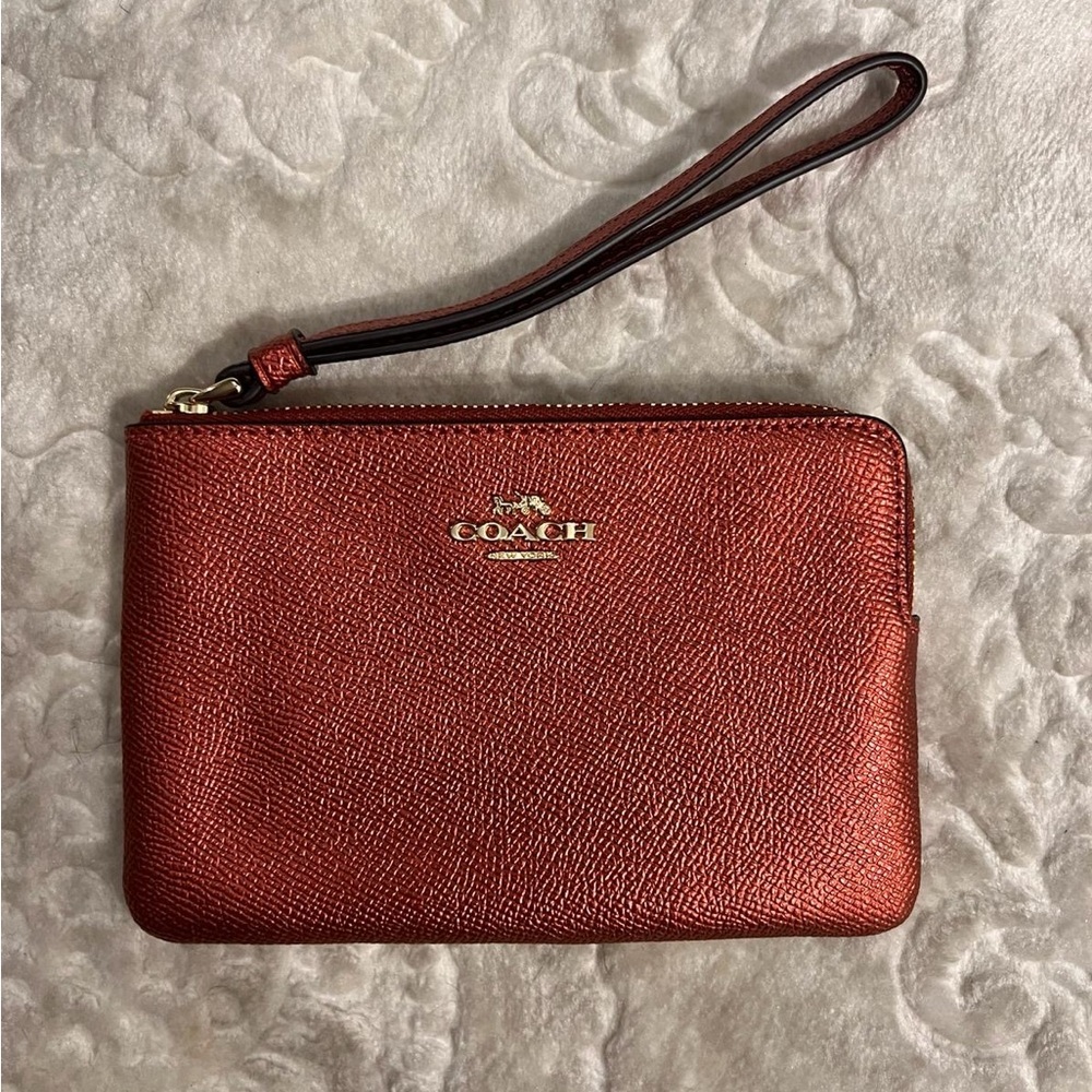 Coach Textured Leather Wristlet in Rustic Red